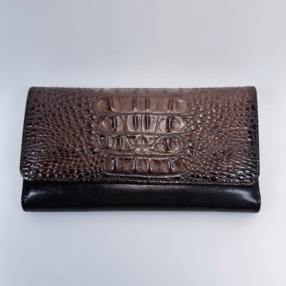 Brahmin Crocodile Embossed Leather Checkbook Wallet Brown Black Tri-fold